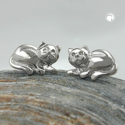 Ohrstecker Ohrring 7x10mm liegende Katze – glänzend rhodiniert, Silber 925