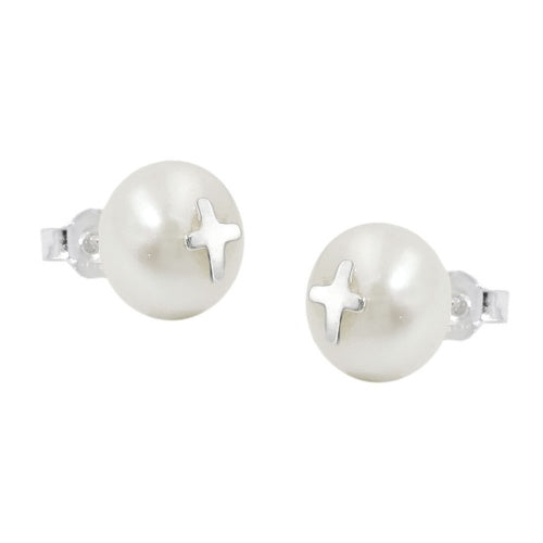 Ohrstecker Damen – 9mm Süßwasserzuchtperle mit Kreuzmotiv aus 925 Sterling Silber