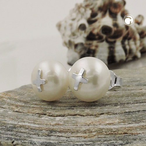 Ohrstecker Damen – 9mm Süßwasserzuchtperle mit Kreuzmotiv aus 925 Sterling Silber