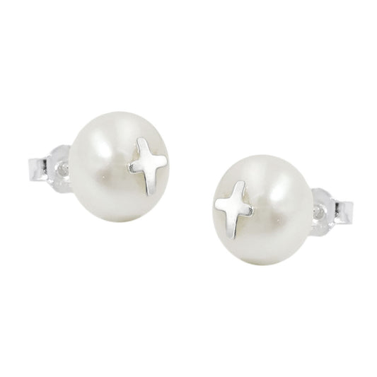 Ohrstecker Ohrring 9mm SĂĽĂźwasserzuchtperle mit Silberkreuz Silber 925
