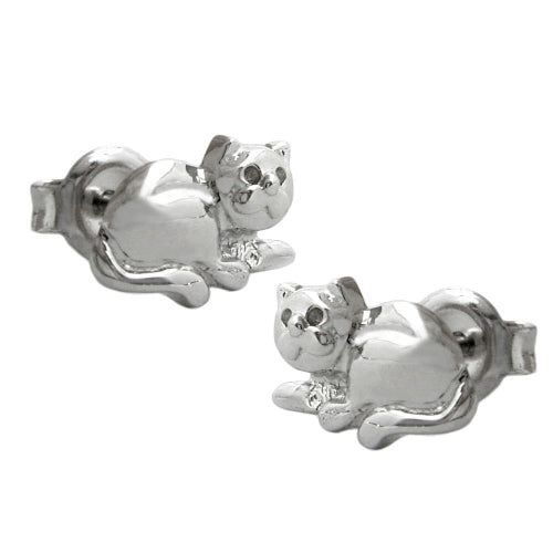 Ohrstecker Ohrring 7x10mm liegende Katze – glänzend rhodiniert, Silber 925