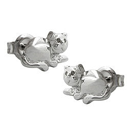 Ohrstecker Ohrring 7x10mm liegende Katze – glänzend rhodiniert, Silber 925